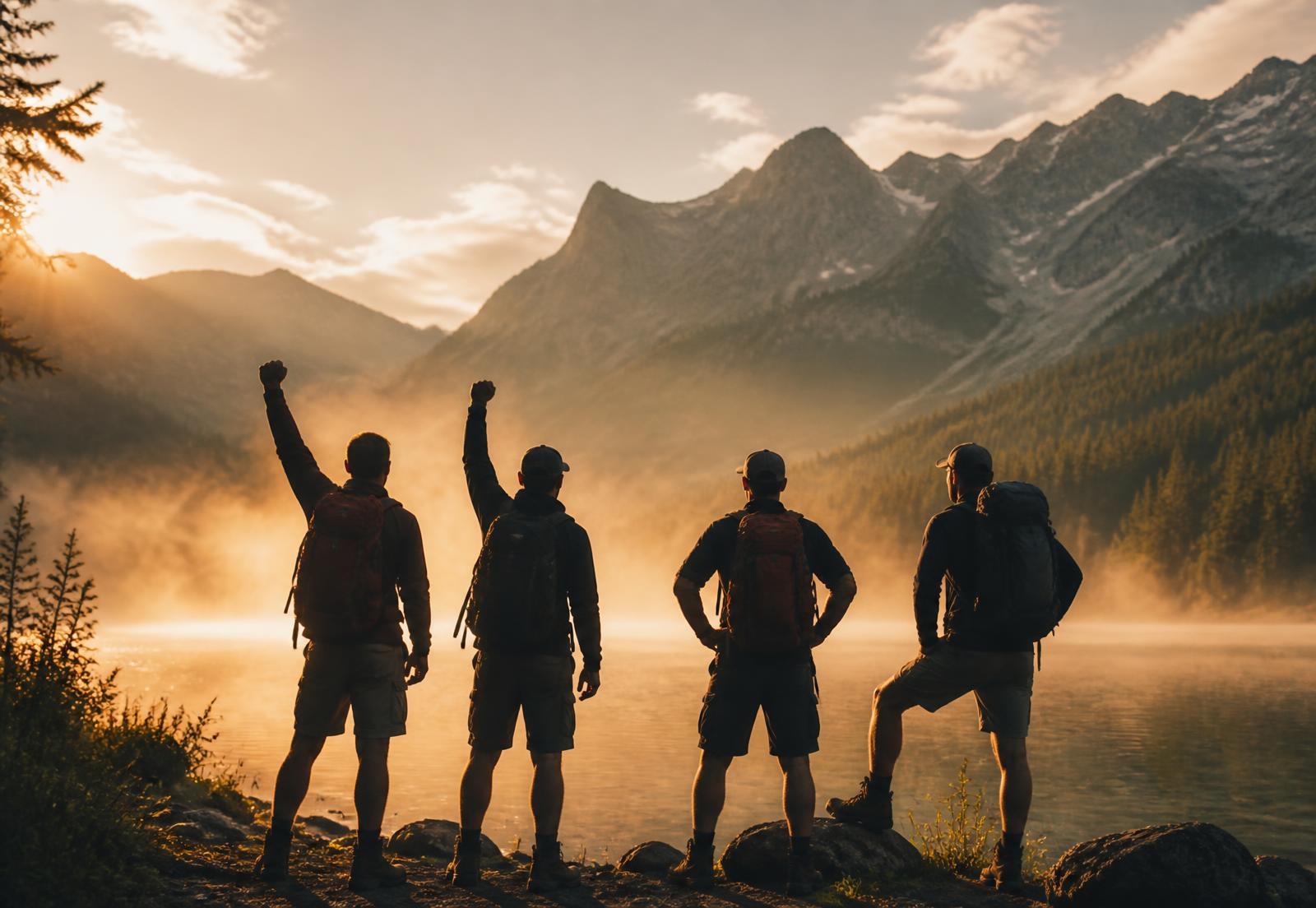 Four silhouetted men celebrating at the shore of a mountain lake after a hike
