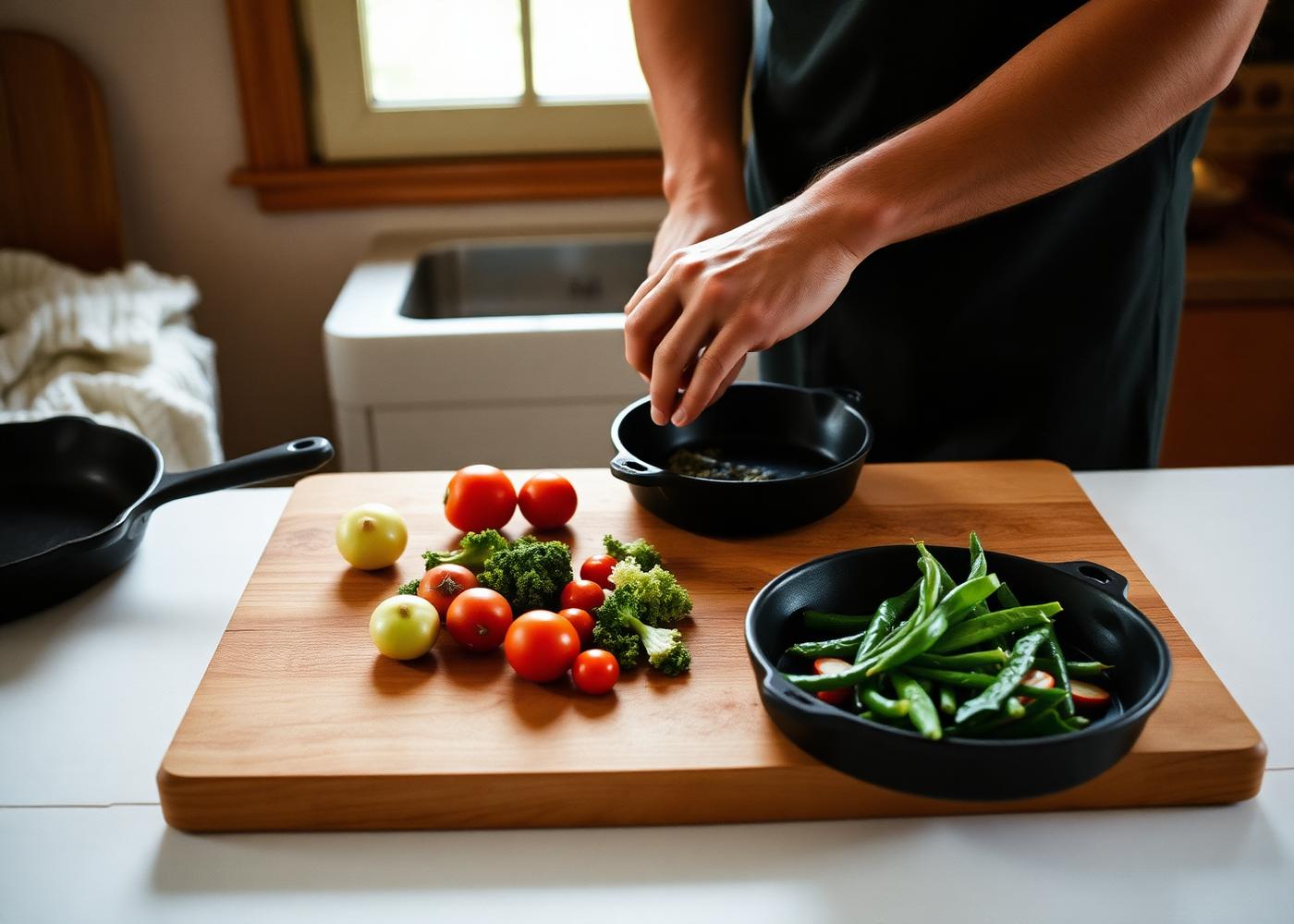 A man preparing simple whole food on a wooden cutting board in a home kitchen